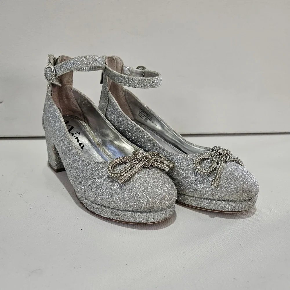 Nina Dress Shoes Girls 2M Silver Glitter Rhinestone Bow Block Heel Special Event